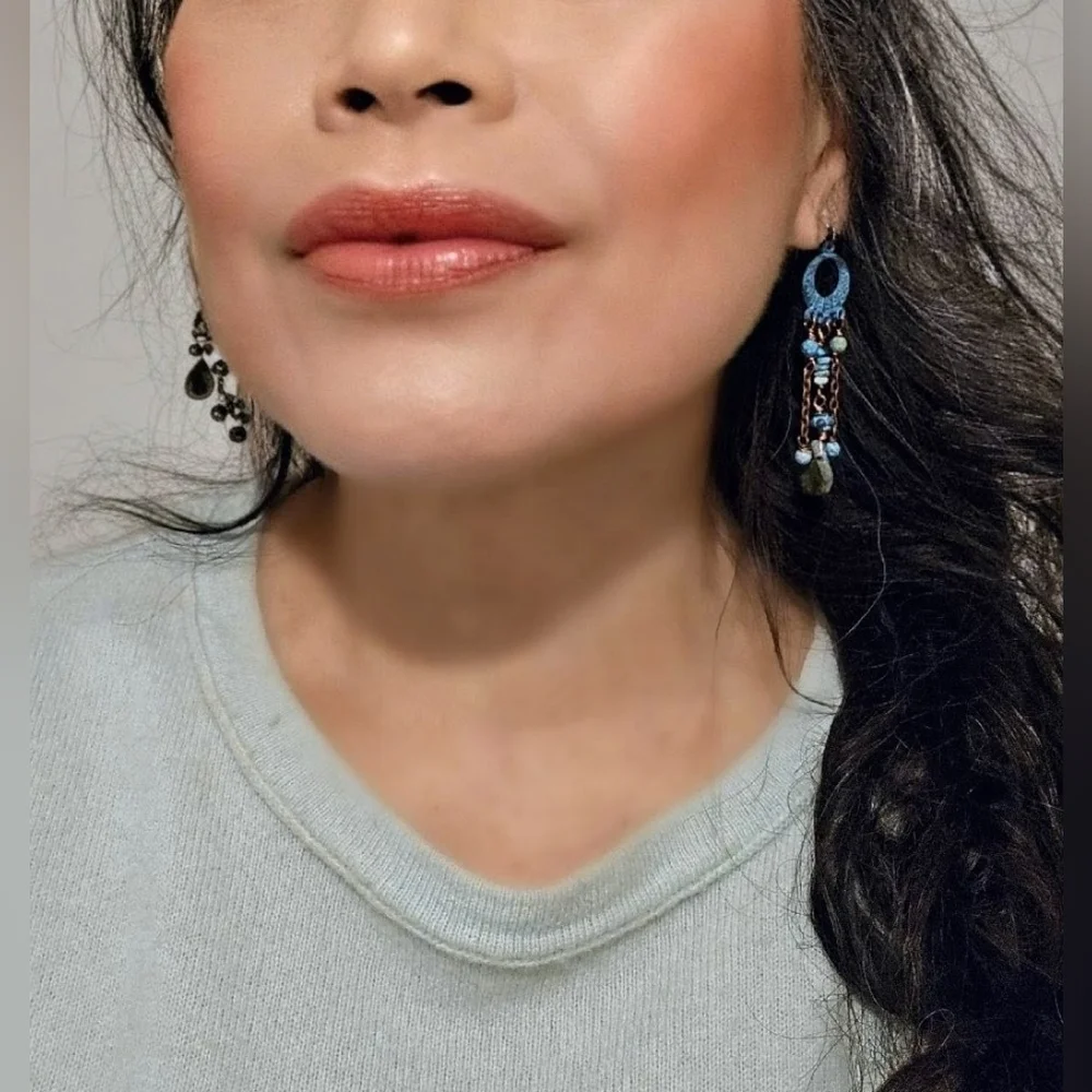 Genuine Turquoise In Green-Blue Patina Verdigris Chandelier Earrings In Copper